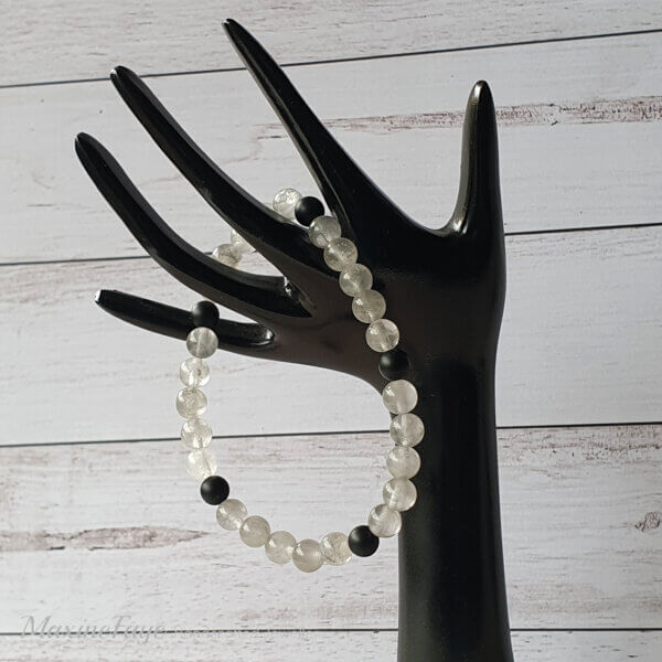 Matte Black Onyx and Cloudy Quartz stretch bracelet suitable for people with metal allergies