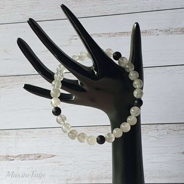 Matte Black Onyx and Cloudy Quartz stretch bracelet suitable for people with metal allergies