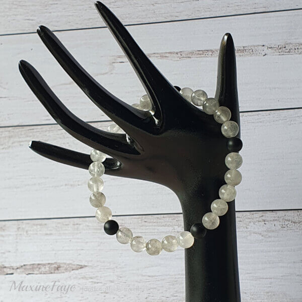 Matte Black Onyx and Cloudy Quartz stretch bracelet suitable for people with metal allergies