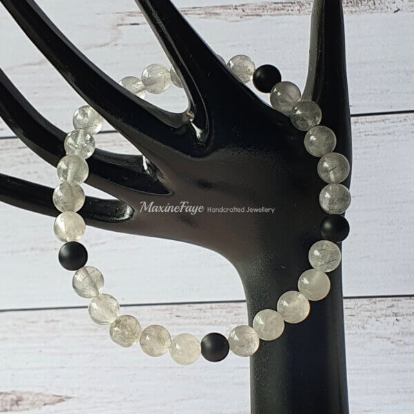 B247 Matte Black Onyx and Cloudy Quartz stretch bracelet suitable for people with metal allergies