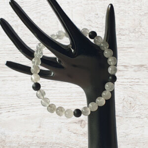 B247 Matte Black Onyx and Cloudy Quartz stretch bracelet suitable for people with metal allergies