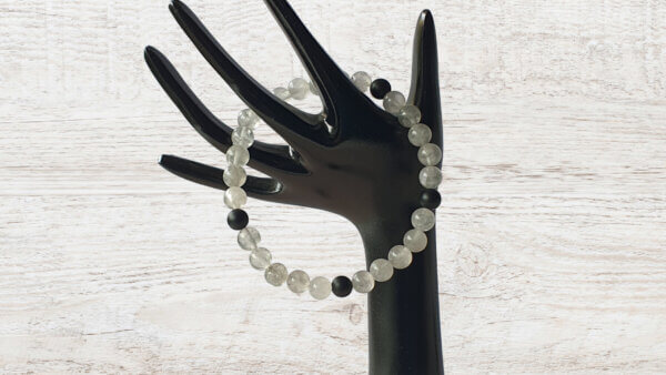 B247 Matte Black Onyx and Cloudy Quartz stretch bracelet suitable for people with metal allergies