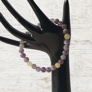 This Chevron Amethyst and Citrine gemstone stretch bracelet is suitable for people who have a metal allergy.