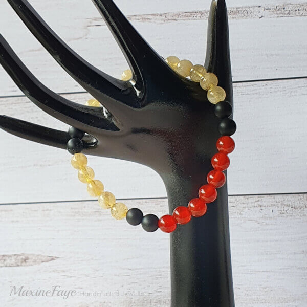 This Matte Black Onyx, Carnelian & Citrine gemstone stretch bracelet is suitable for people who have a metal allergy.