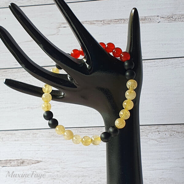 This Matte Black Onyx, Carnelian & Citrine gemstone stretch bracelet is suitable for people who have a metal allergy.