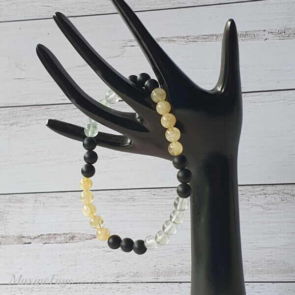 This Fluorite, Citrine and Onyx gemstone stretch bracelet is suitable for people who have a metal allergy.