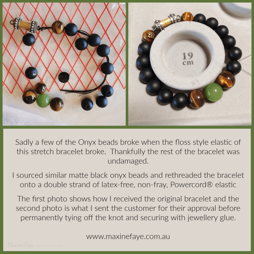 Dad's Jade, Tiger Eye, Onyx stretch bracelet repair - maxinefaye.com.au