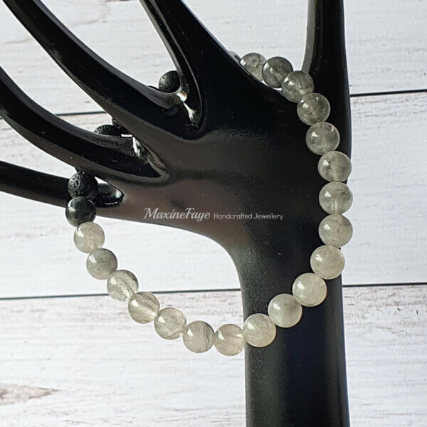 Lava stone and Cloudy Quartz stretch bracelet suitable for people with metal allergies